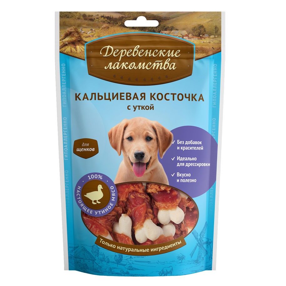 "Деревенские лакомства" Кальциевая косточка с уткой для щенков, 90г