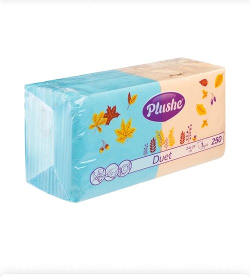 1042 Салфетки бумажные "Duet", PLUSHE, 1 слой, 250 шт., в ассортименте